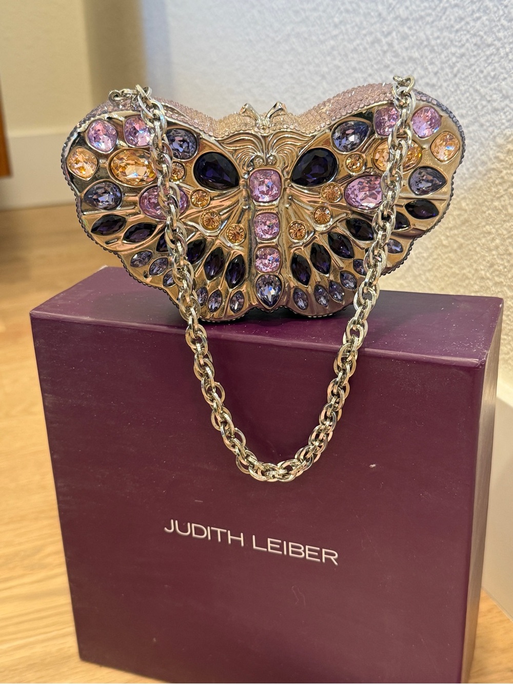 Judith Leiber Jeweled Butterfly Evening Clutch in Purple, Pink, Gold - Picture 1 of 6